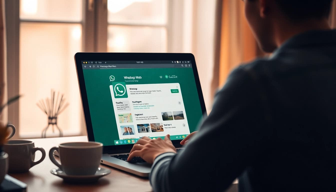 展示快连VPN功能的 WhatsApp Web 界面，背景为温馨家庭环境。