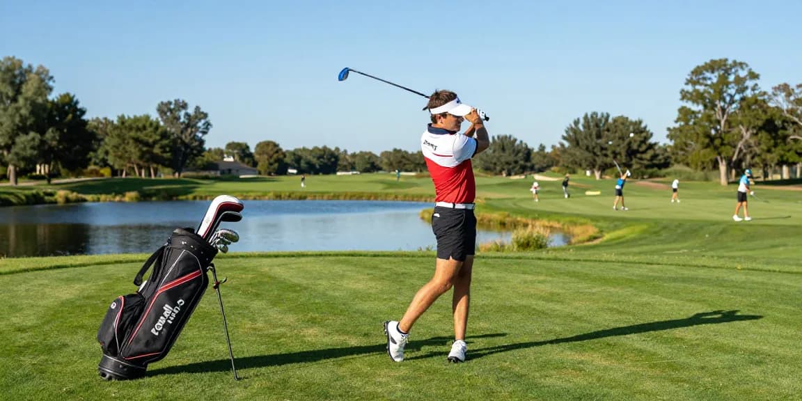 Golfer in stylish 골프웨어 레플리카 outfit swinging club on sunny fairway