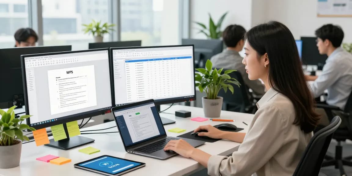 Download WPS Office in a professional workspace with team collaboration on tech projects.