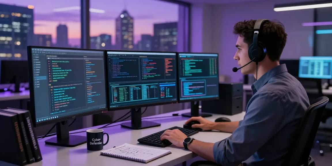 Cybersecurity analyst monitoring threat alerts at https://shs-dome5.com/ in a modern tech office setting.