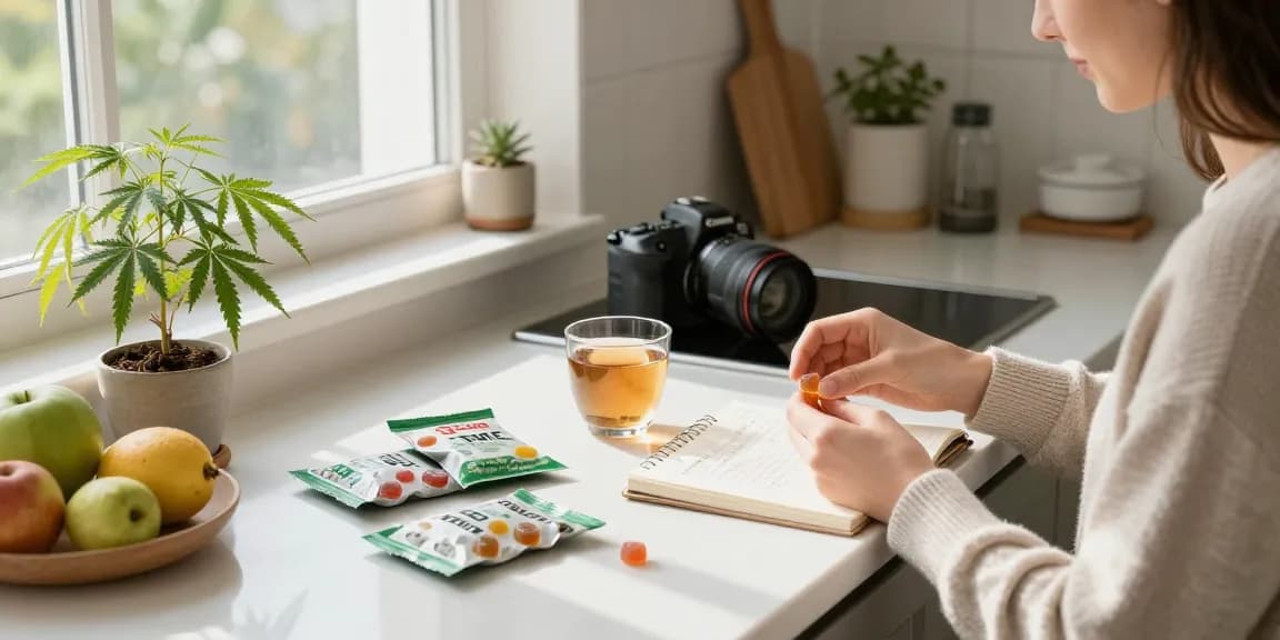 THC edibles displayed in a modern kitchen with organic hemp, wellness journal, and herbal tea.