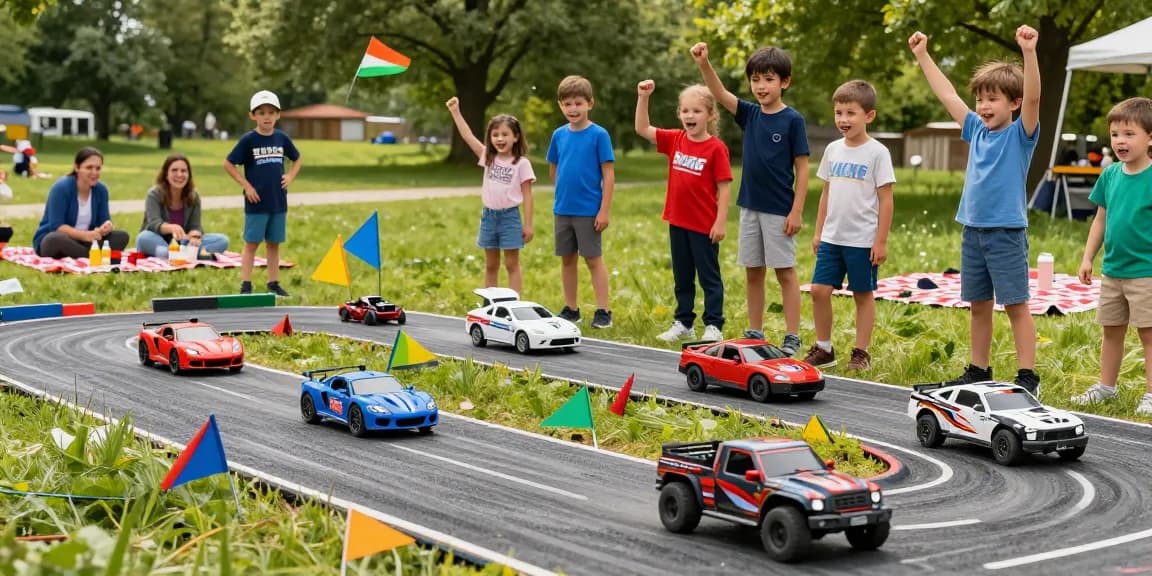 Exciting ROKOK88 RC car race with kids and adults outdoors, capturing the thrill of remote-controlled racing.
