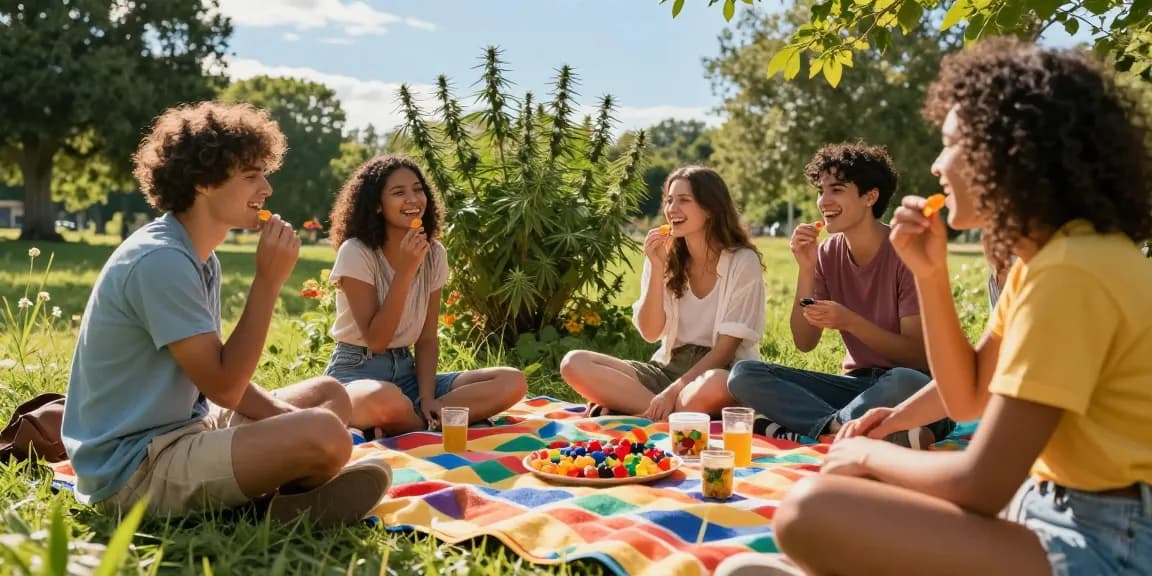 THC edibles shared among friends in a sunny park, embodying natural wellness and joy.