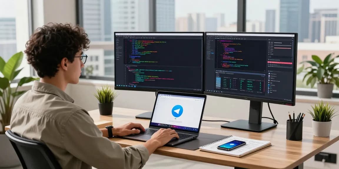 Developer showcasing telegram中文版下载 app on dual monitors in modern workspace