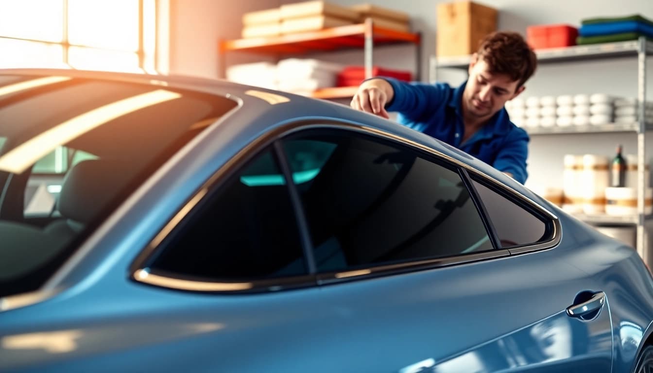 Installing the best window tint Chattanooga TN on a sleek vehicle in a bright garage setting.