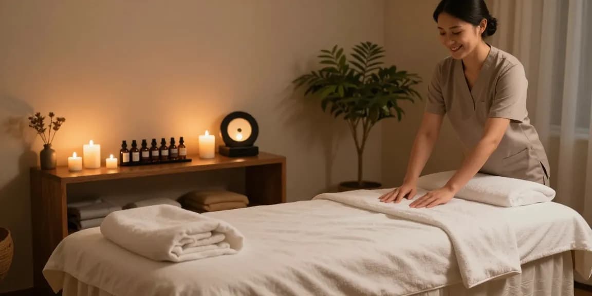 Inviting 1인샵 massage room with calming ambiance and therapist preparing services.