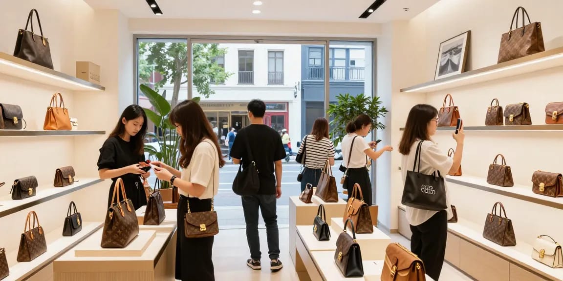 Young adults exploring high-quality 레플리카 handbags in a modern retail store.