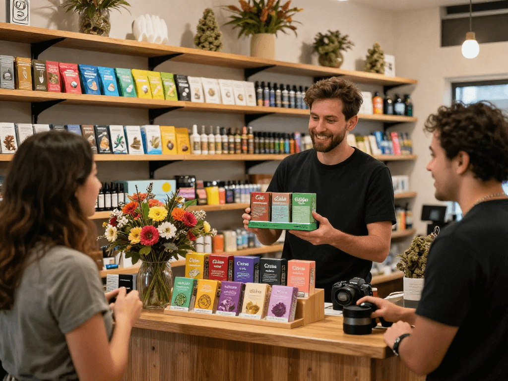 Cake carts display in a welcoming cannabis dispensary with friendly interaction and vibrant flavors.