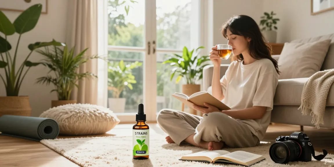 STRAINS Green Apple THCa tincture amid a relaxing wellness scene with CBD oil, herbal tea, and houseplants for a holistic experience.