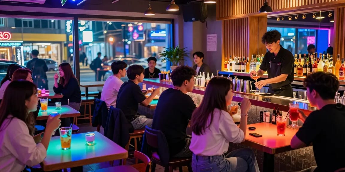 Experience vibrant nightlife at 상봉동 한국관나이트, with patrons enjoying drinks in a lively bar setting.