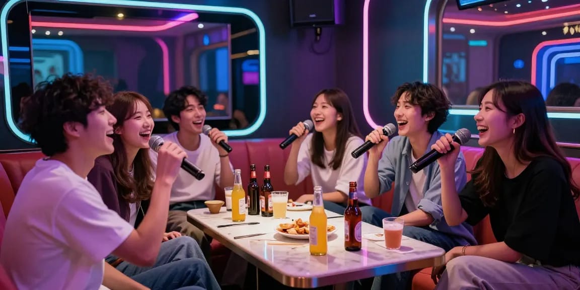 Enjoying vibrant nightlife at www.3no.org with friends singing in a modern karaoke lounge.