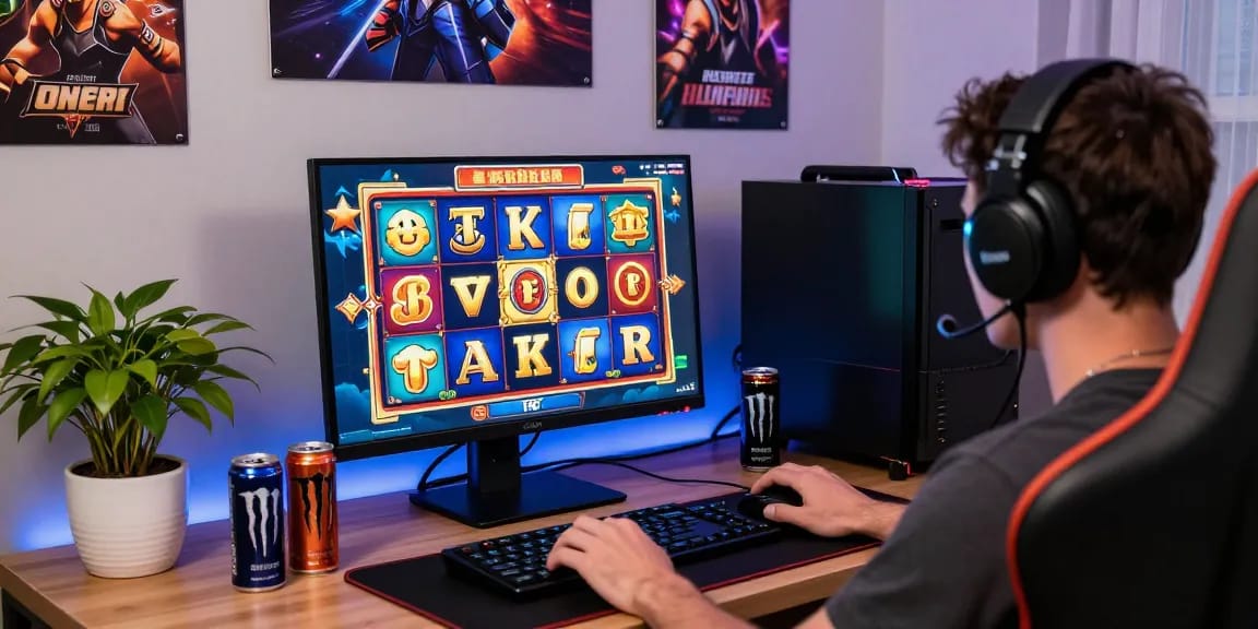 Player engaged in an exciting slot game with colorful graphics on a sleek computer setup, highlighting the thrill of online gaming.