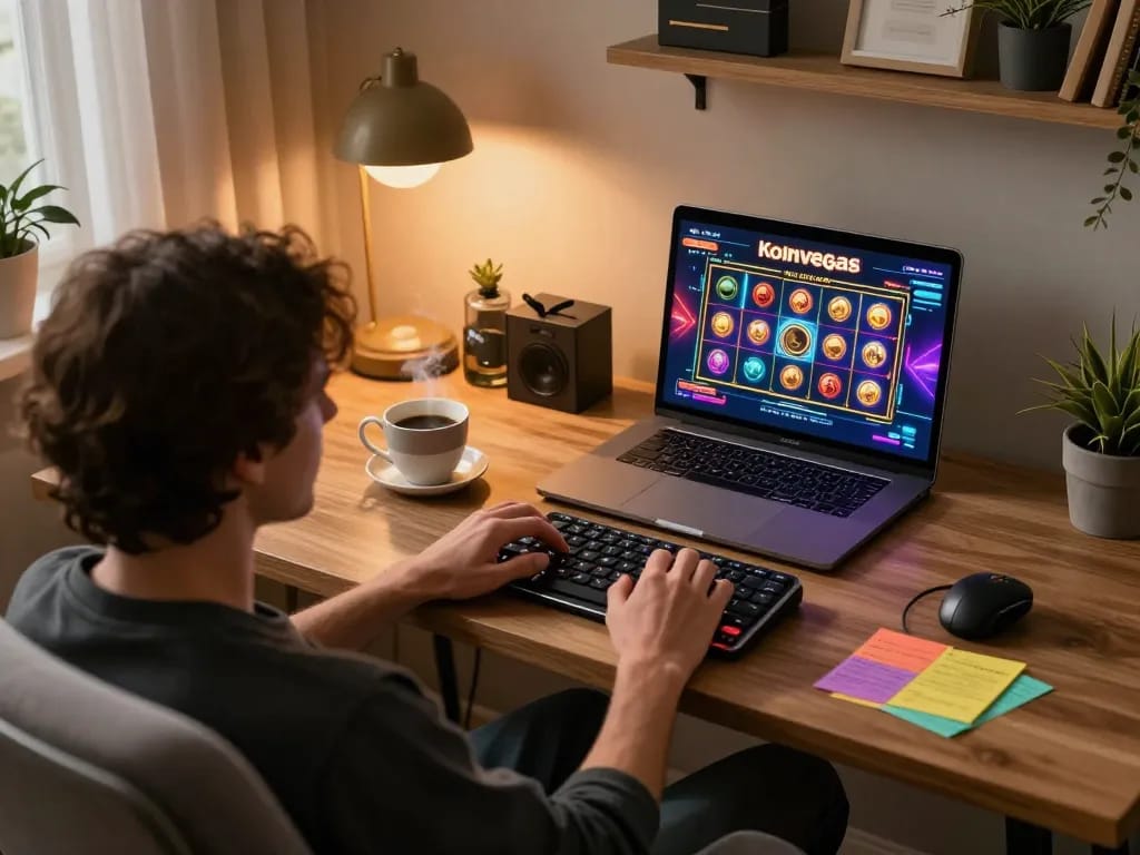 Playing Koinvegas slot on a tablet in a cozy home office, showcasing an engaging gaming experience.