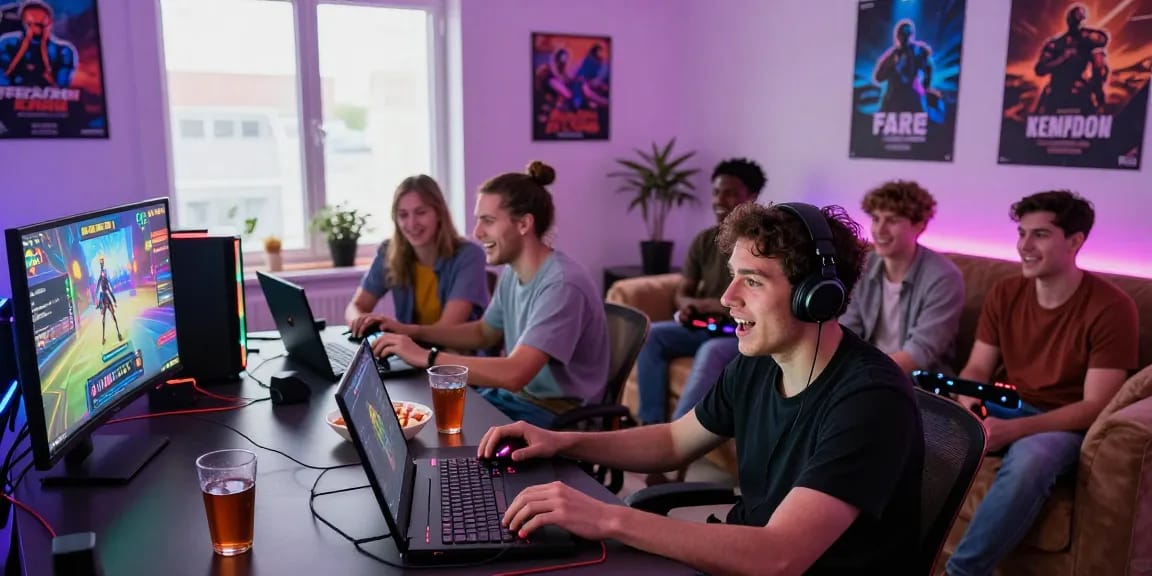 Friends playing free porn games in a lively gaming environment with snacks and colorful lighting.
