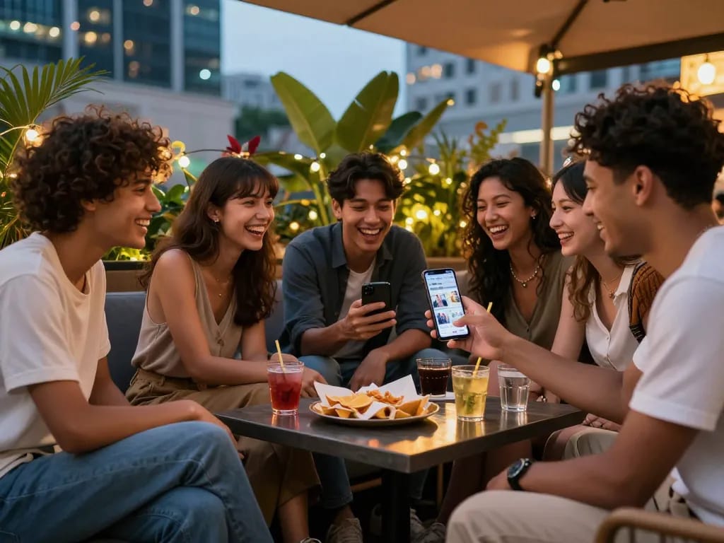 Friends sharing laughter and NSFW content on social media at a trendy outdoor café.