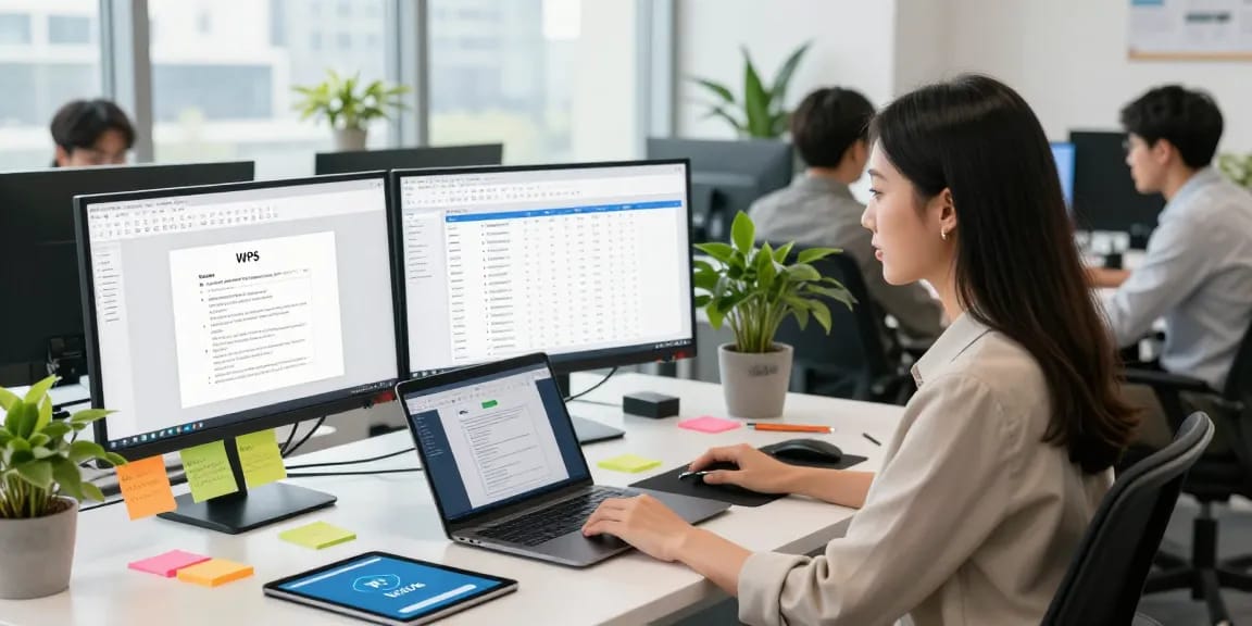 Download WPS Office in a professional workspace with team collaboration on tech projects.