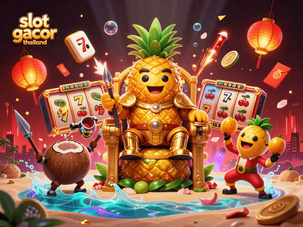 Engage with slot gacor thailand in an ultra-detailed 3D casino scene featuring a golden pineapple king.