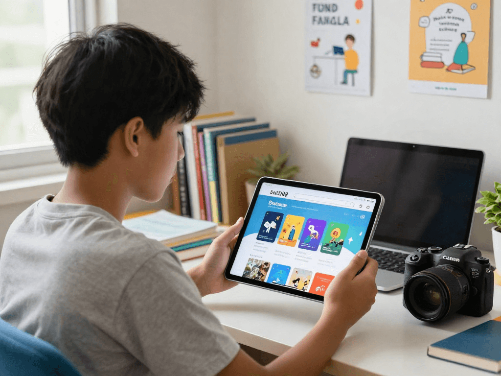 Ang mga estudyante na nag-explore ng bd188 app platform gamit ang tablet para sa mga laro at mga educational tools.