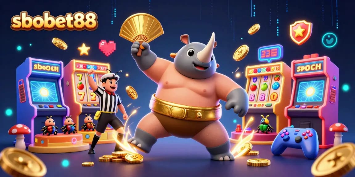 Experience sbobet88 with a vibrant 3D illustration featuring a rhinoceros beetle champion at a bustling casino scene.