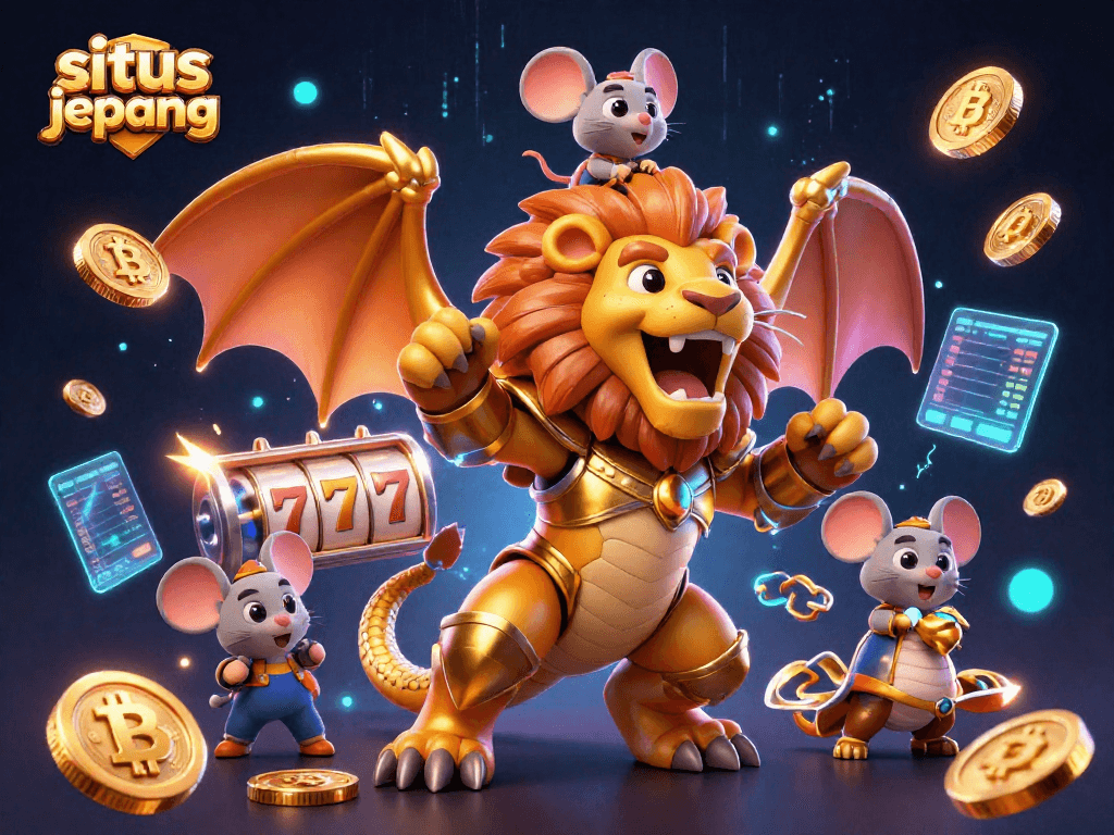Play exciting games at situs slot jepang with a lion-headed chimera roaring over floating coins.