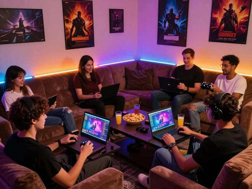 Group of friends enjoying online sex games in a cozy gaming lounge.