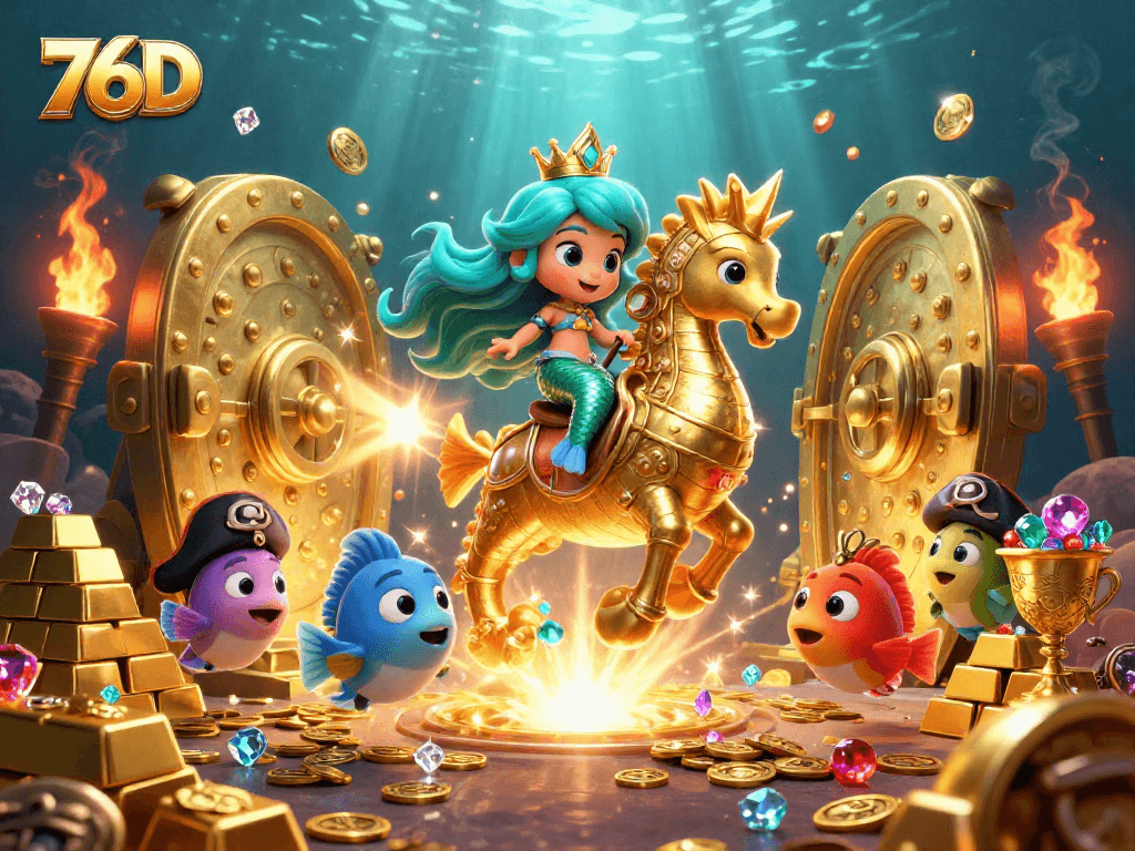 Atraia a sorte das slots na 76D com uma ilustração vibrante de uma princesa sereia e tesouros em um mundo de jogos.