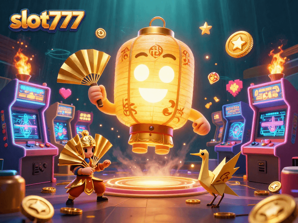 Experience slot777 excitement with vibrant symbols and dynamic 3D characters in a rich casino setting.