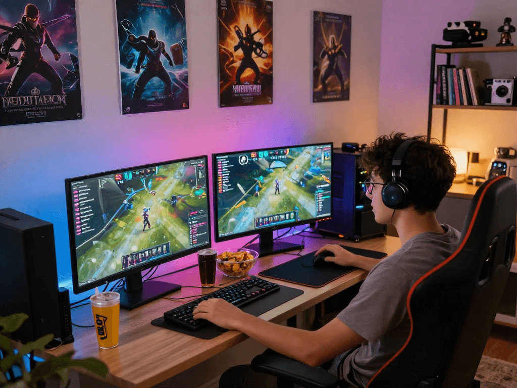 Engaged friends playing raja 328 video games with dynamic lighting and gaming setup.