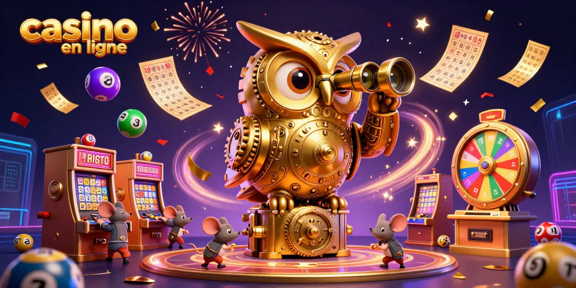 Plongez dans l'univers d'un casino en ligne avec une illustration captivante comprenant un hibou en or et des éléments de jeu passionnants.