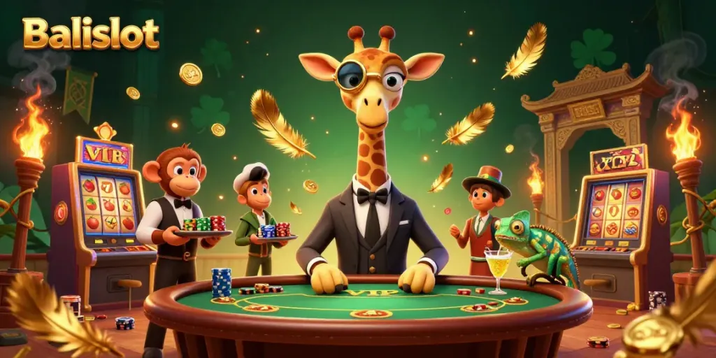 Experience vibrant Balislot action with a high-roller giraffe at a dynamic casino scene.