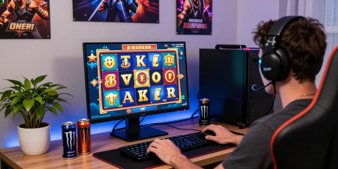 Player engaged in an exciting slot game with colorful graphics on a sleek computer setup, highlighting the thrill of online gaming.