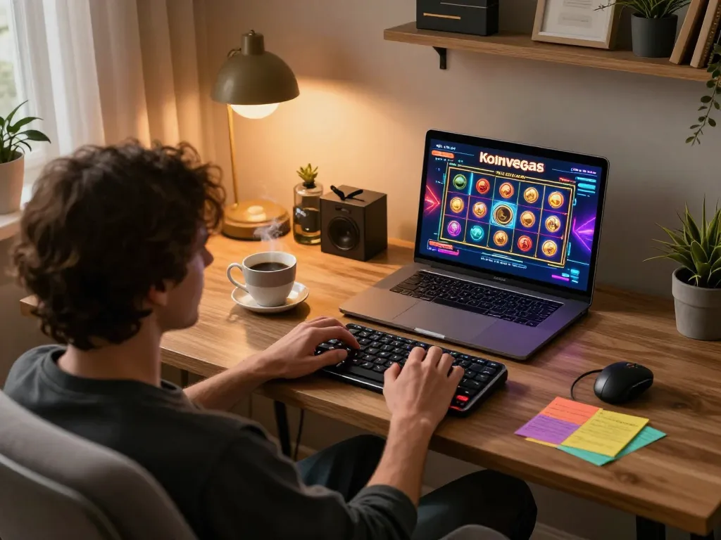 Playing Koinvegas slot on a tablet in a cozy home office, showcasing an engaging gaming experience.