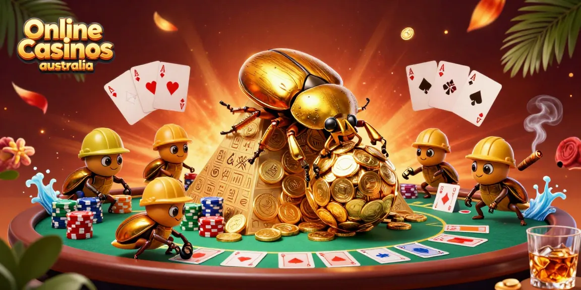 Experience vibrant excitement at online casinos Australia with golden beetles and poker chips.