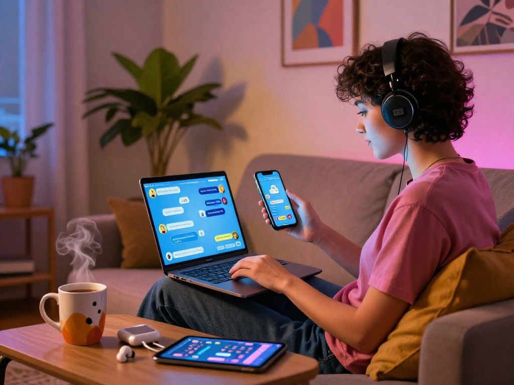 Engaging in sex AI chat on a laptop, showcasing modern digital communication and vibrant living space.