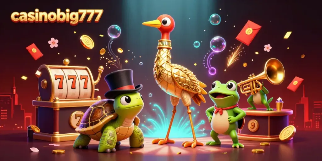 Engage in the vibrant world of casinobig777 with iconic game symbols and lively characters.