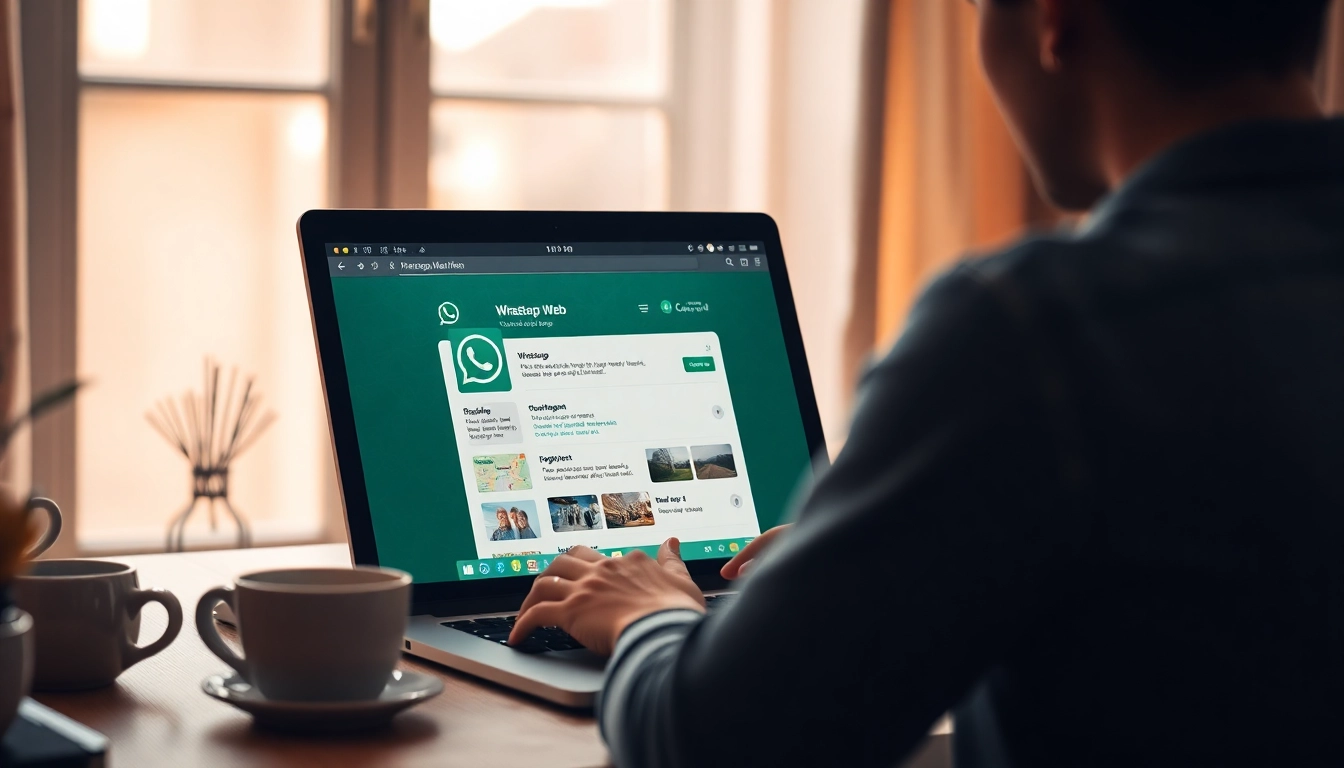 展示快连VPN功能的 WhatsApp Web 界面，背景为温馨家庭环境。