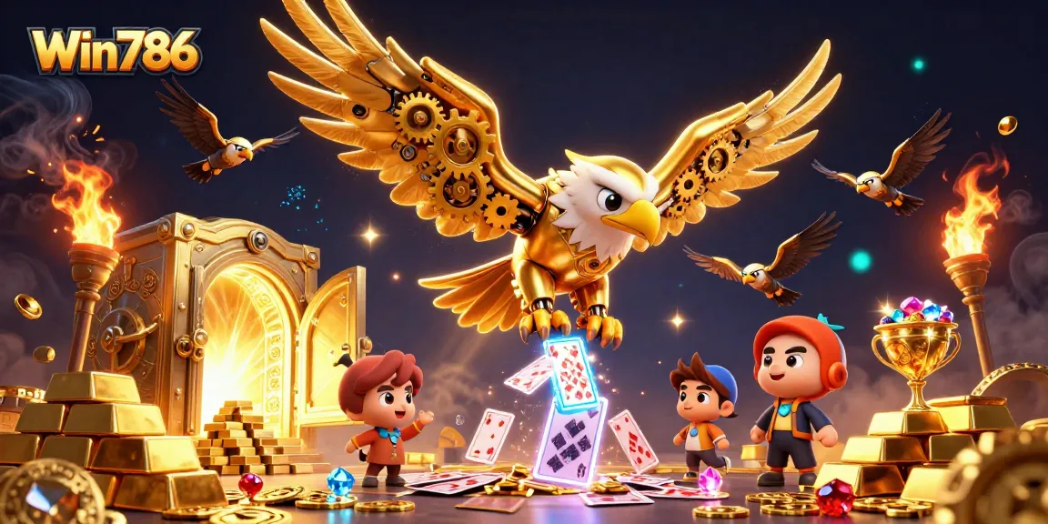 Win786 delivers thrilling gameplay with dynamic characters amidst a cascade of holographic cards and riches.