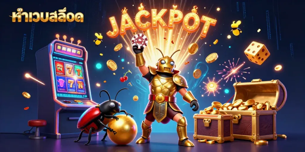 Engage with หน้าเว็บสล็อต to explore dynamic slot games amidst a vibrant jackpot celebration.