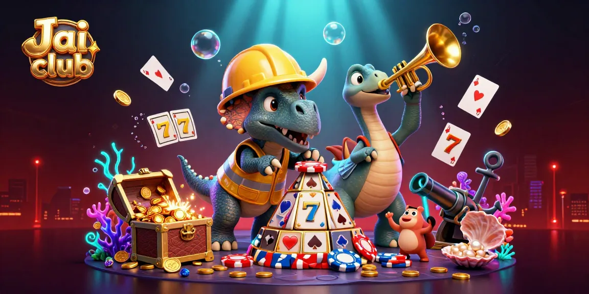Jai club features a vibrant casino scene celebrating gaming victories with lively characters and iconic elements.