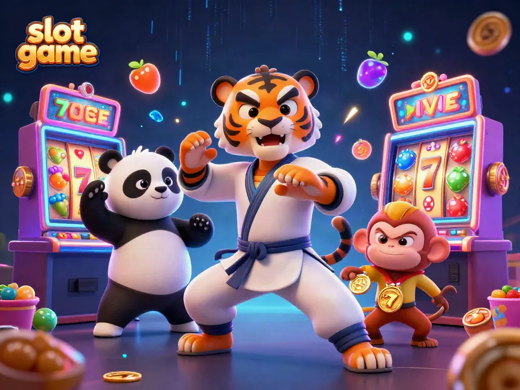 Spin the slot game with vibrant characters in a colorful casino scene featuring lucky symbols.