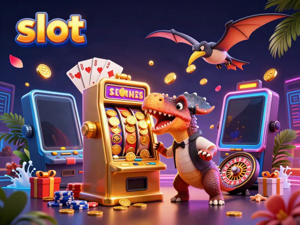 Slot jackpot yang dikejar oleh karakter dino dalam ilustrasi 3D dengan elemen kasino.