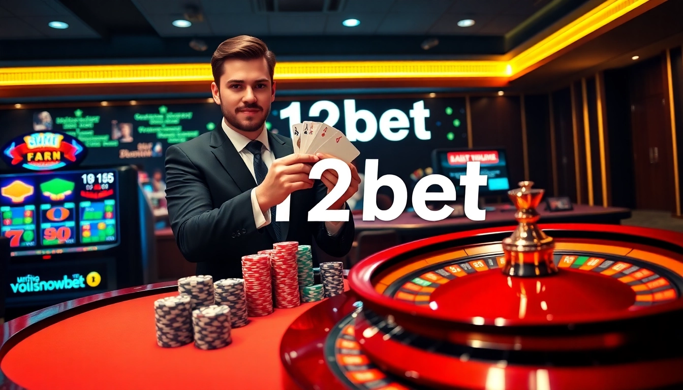 Engage in thrilling online gaming at 12bet with vibrant casino visuals featuring cards and slots.