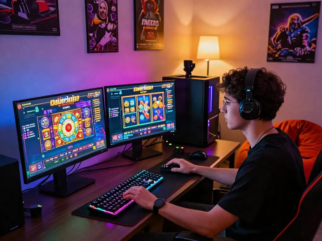 Engaged player enjoying slot gacor games on a vibrant desktop setup, showcasing colorful game graphics and dynamic lighting.
