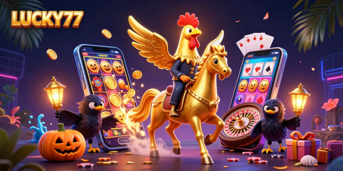 Spin and win at LUCKY77 with dynamic 3D casino scene of playful characters and vivid gaming elements.
