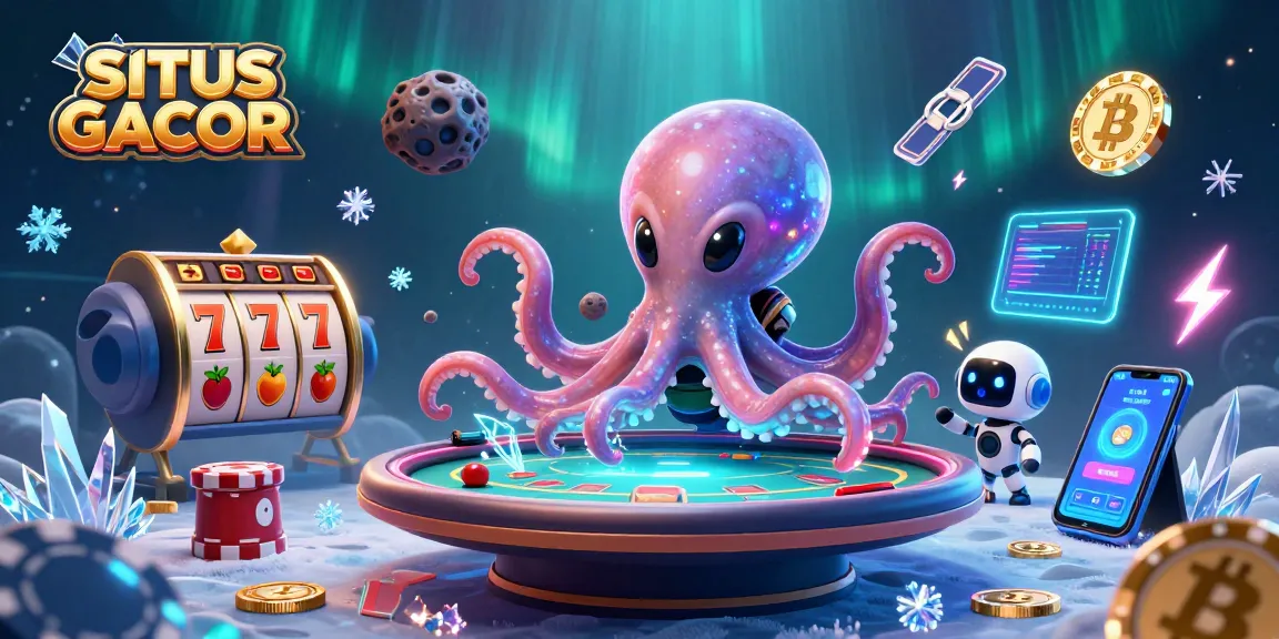 SITUS GACOR showcases a vibrant gambling scene with an alien octopus at a holographic poker table filled with slot elements.