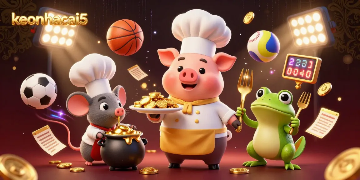 Engage with keonhacai5's dynamic sports betting scene featuring gold coins, sports balls, and colorful characters.