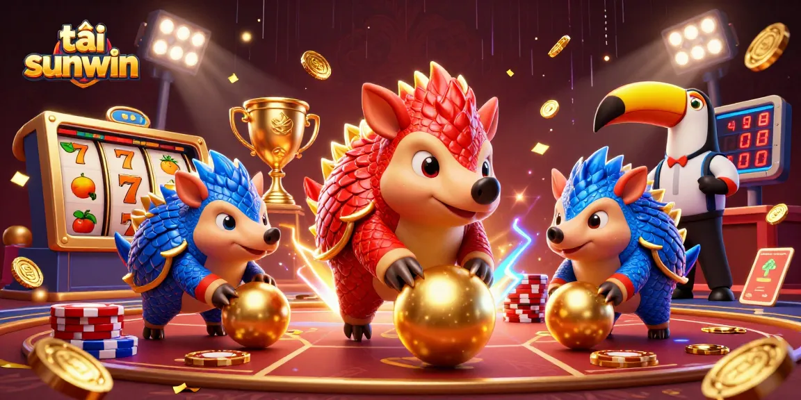 Experience the thrill of tải sunwin with engaging pangolins, slot reels, and vibrant casino elements igniting the atmosphere.