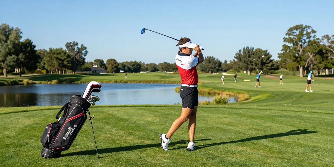 Golfer in stylish 골프웨어 레플리카 outfit swinging club on sunny fairway