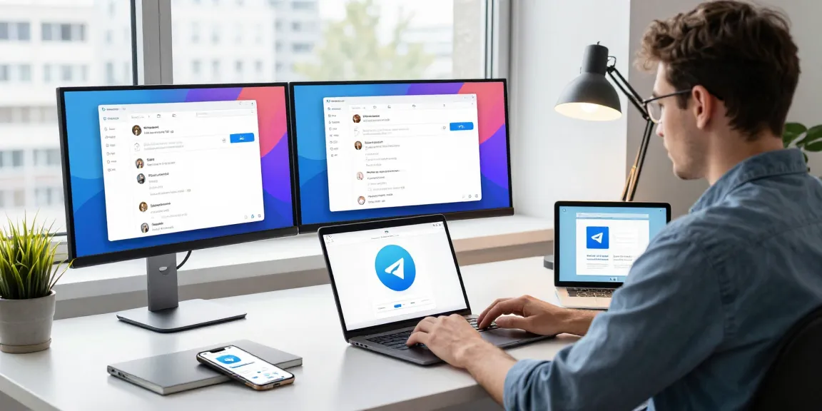 Explore the seamless Telegram Download experience in a modern workspace, showcasing messaging features across devices.