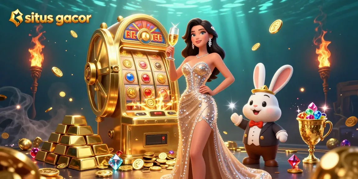 Win big at situs gacor with a stunning woman celebrating beside a jackpot slot machine.